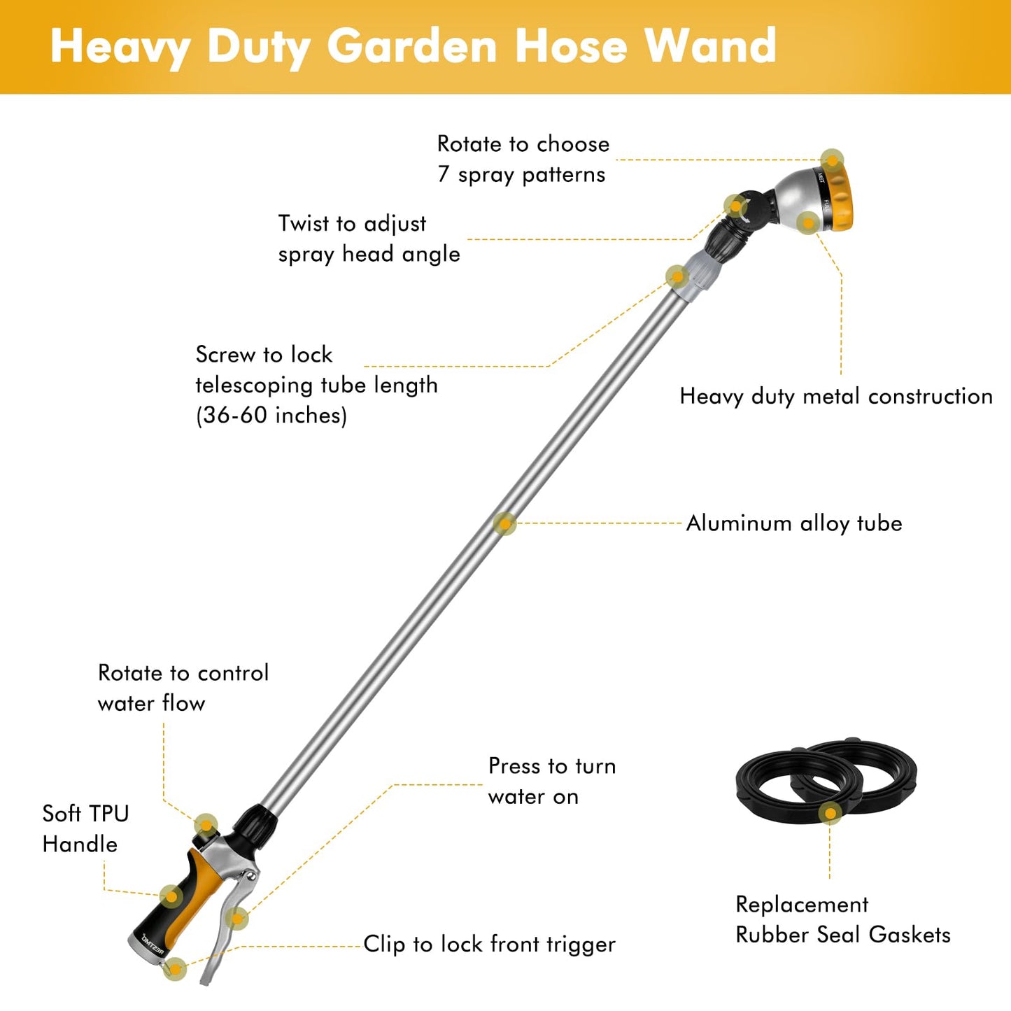 RESTMO 36”-60” Metal Watering Wand, Long Telescopic Tube | 180° Adjustable Ratcheting Head | 7 Spray Patterns | Flow Control, Perfect Garden Hose Sprayer to Water Hanging Baskets, Shrubs, Yellow