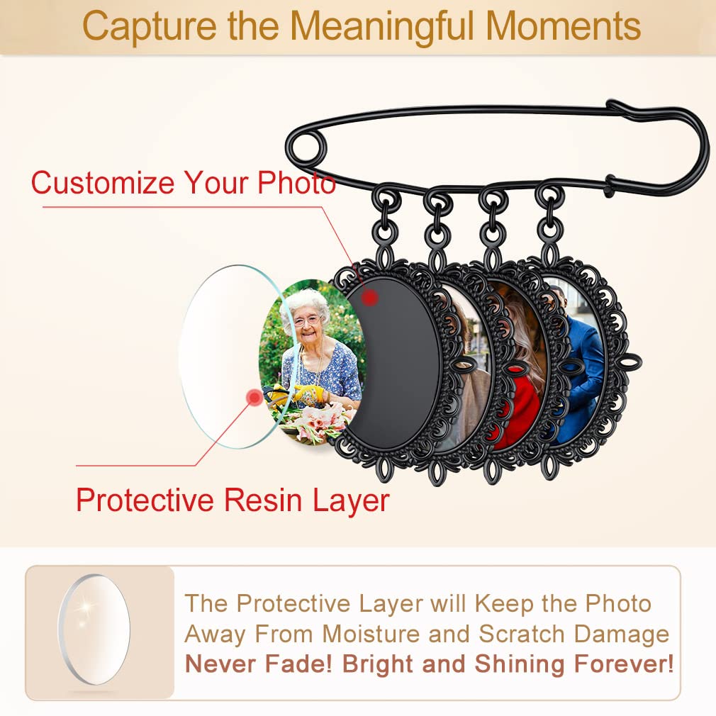 Custom4U Wedding Bouquet Charms Memorial Engraved with 4 Pictures Oval Shaped Memory Photo Charm for Bride Groom Mother Father