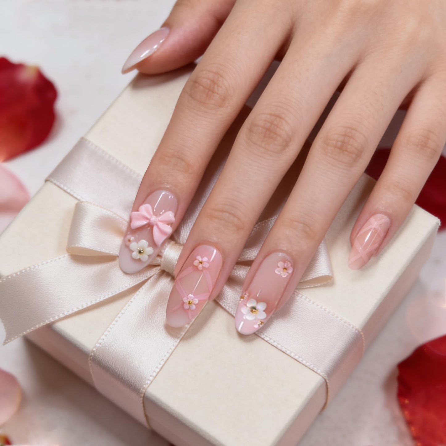 SnypeeLab Handmade Press on Nails with 600pcs Zero Damage Nail Adhesive Tabs Kits, 3D Flower False Nail for Women and Girls-24pcs