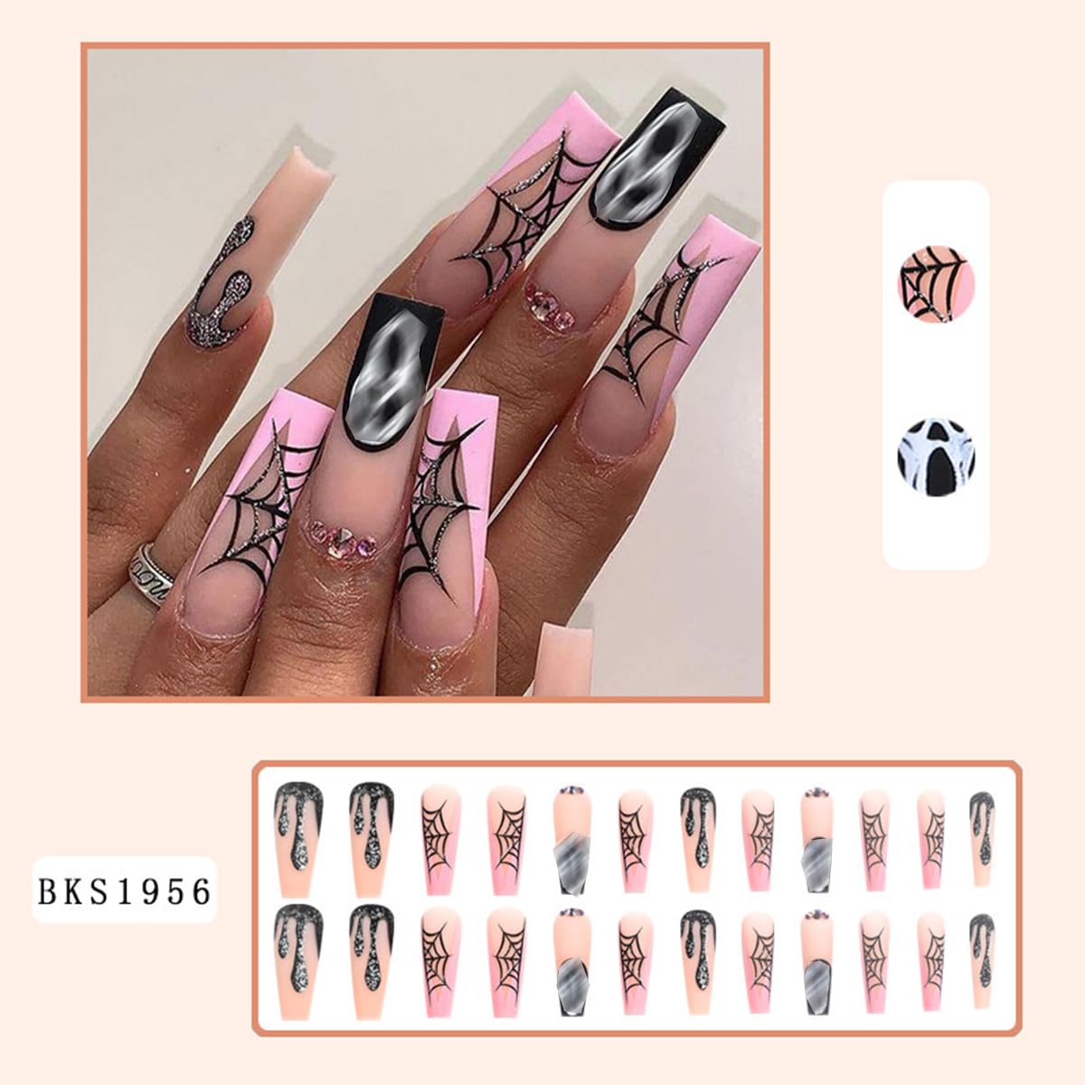 Halloween Press on Nails Long Square Fake Nails with Design Spider Web Glue on Nails Ghost Drop Stick on Nail Full Cover Coffin Acrylic Nail Press ons for Women Manicure 24 Pcs