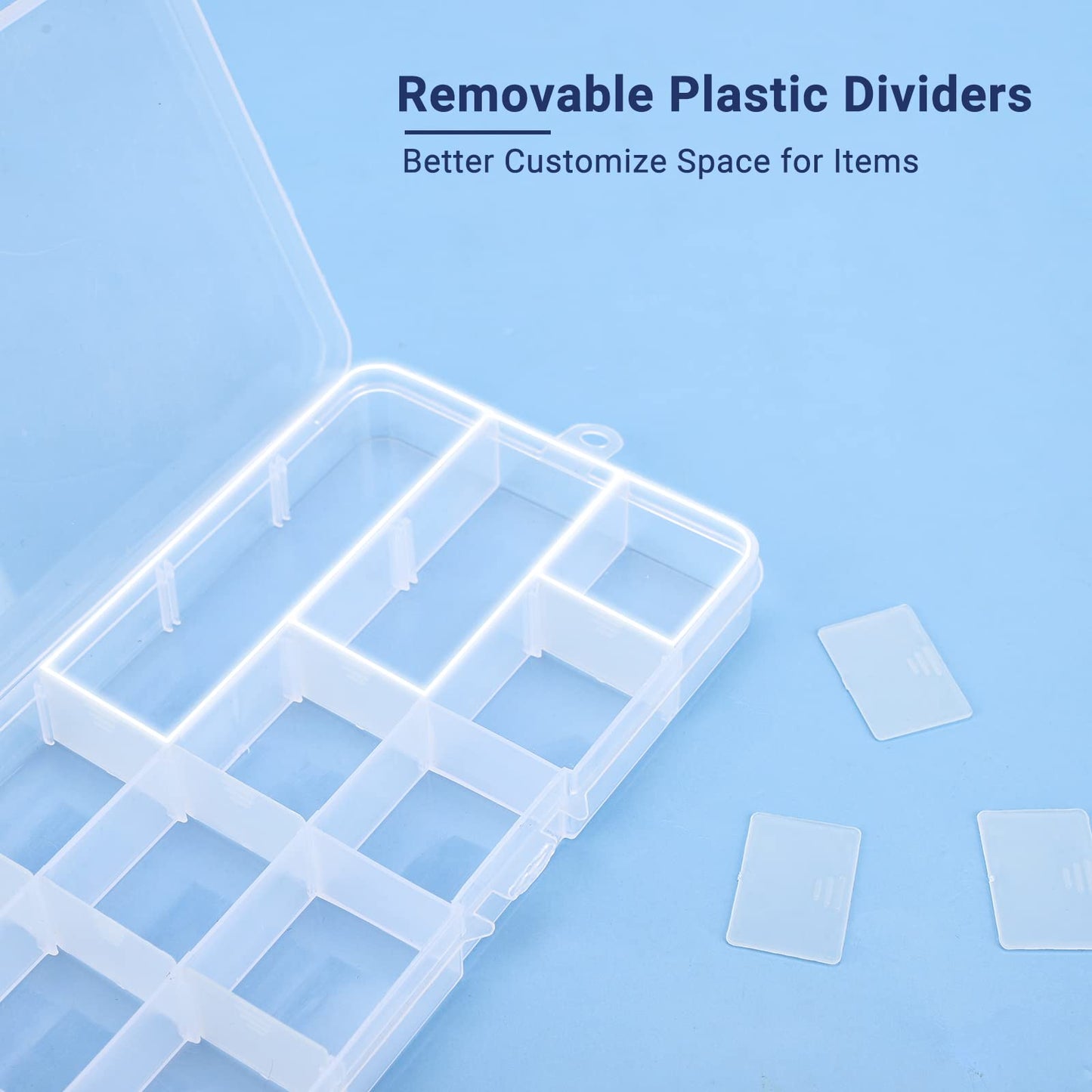 Cosics Rhinestone Organizer Storage Box, 4PCS 15-Grid Small Clear Plastic Jewelry Case, Empty Container Dividers for Nail Art Craft Accessory, Display Holder for Fishing Tackle, Bead, Charms, Sewing