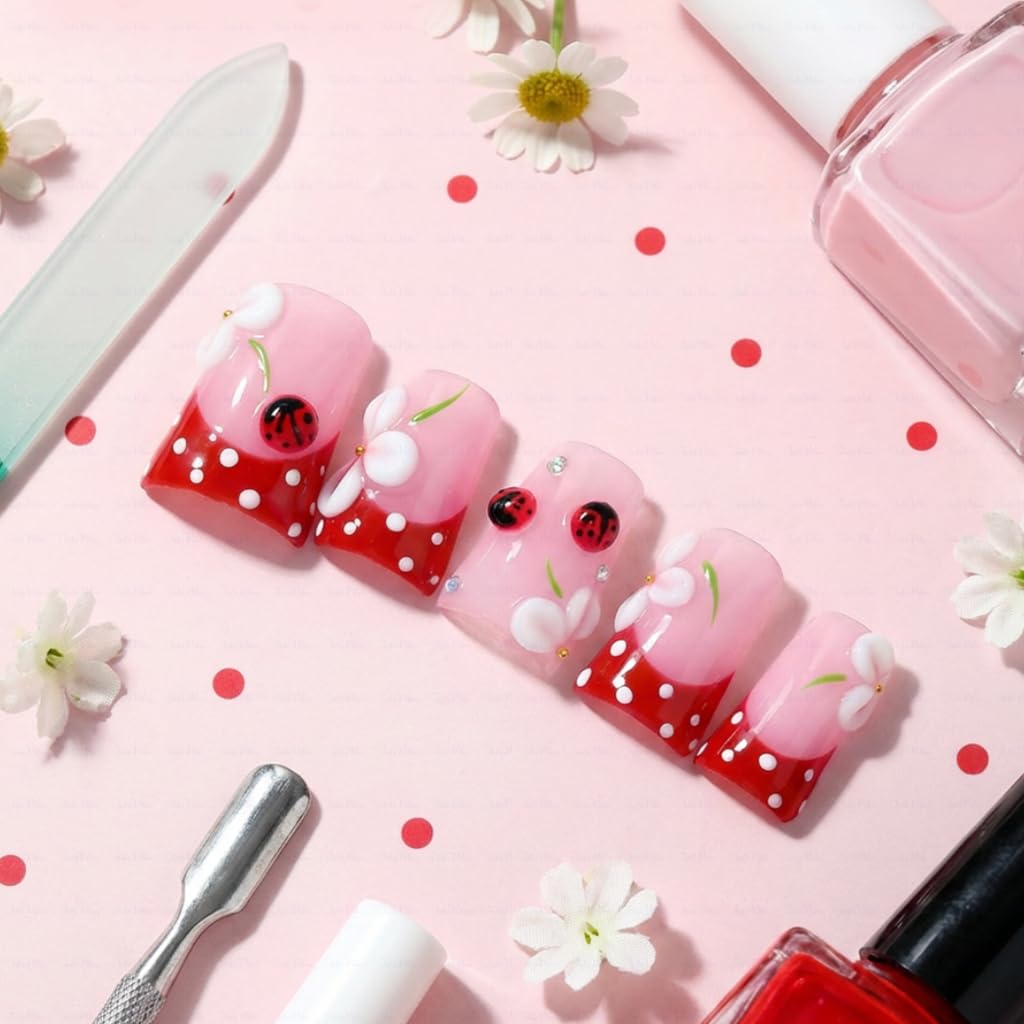 IntoVibes Handmade Short Duck Press On Nails, 3D petals And Ladybugs, 10 Pieces Reusable Acrylic False Nails, Size Medium