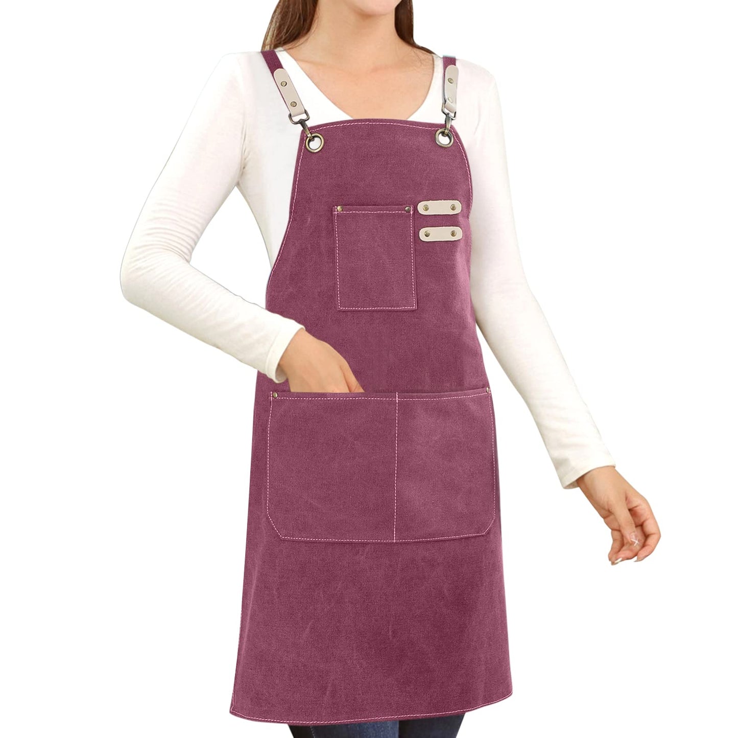 Hongsome Cotton Canvas Cross Back Apron for Gardening Garden Chef Bartender Work Women Men 3 Pockets Waterproof Adjustable M-XXL Purple