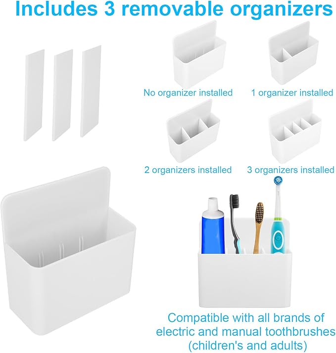 Magnetic Toothbrush Holder with Spacers, Plastic Wall-Mounted Bathroom Organizer Portable Cruise Essentials for Alaska & Caribbean Cruise Stateroom (White)