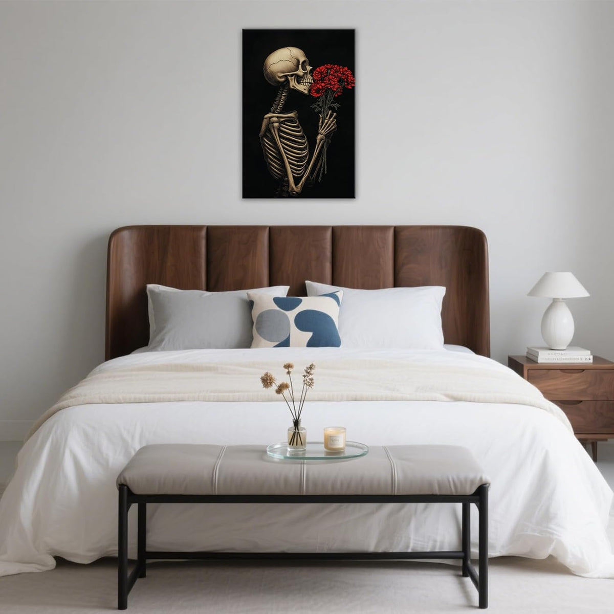OAAPITI Red Rose Skull Wall Art Dark Themed Skeleton Painting Modern Artwork for Gothic Home Decor(Artwork-5,20"x30")