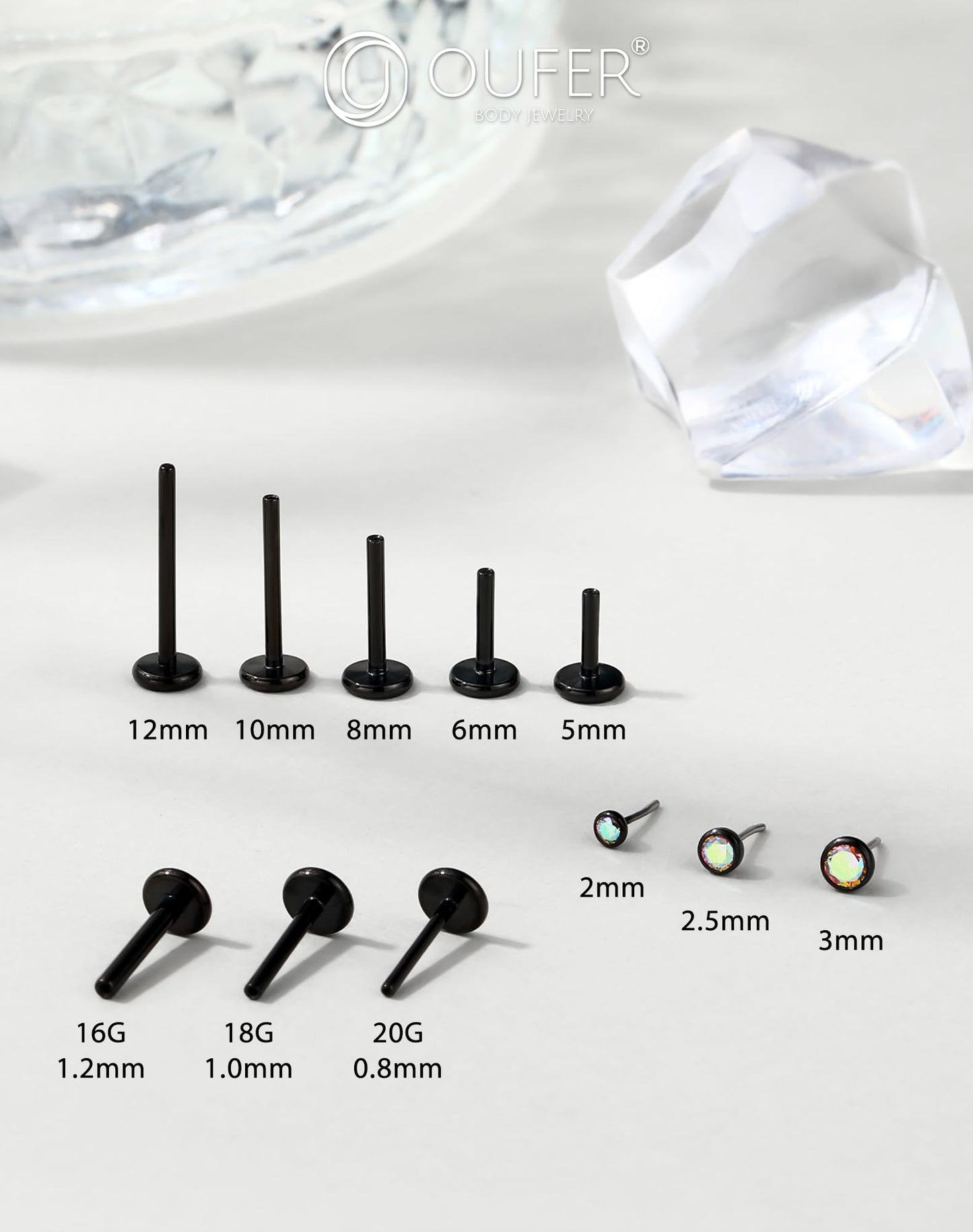 OUFER 2Pcs Black AB Nose Studs, 18G G23 Solid Titanium Threadless Stud Earrings Flat Back Tiny CZ 2MM Nose Helix Cartilage Tragus Conch Piercing Jewelry-6MM