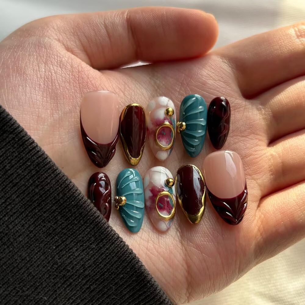 MAGLFELL Fall Press On Nails - Handmade GEL Medium Length Almond Fake Nails, Brown Rendering Painting Design, Reusable Artificial Almond False Nails for Women 10 Pcs Acrylic Nails Kit (Size M)