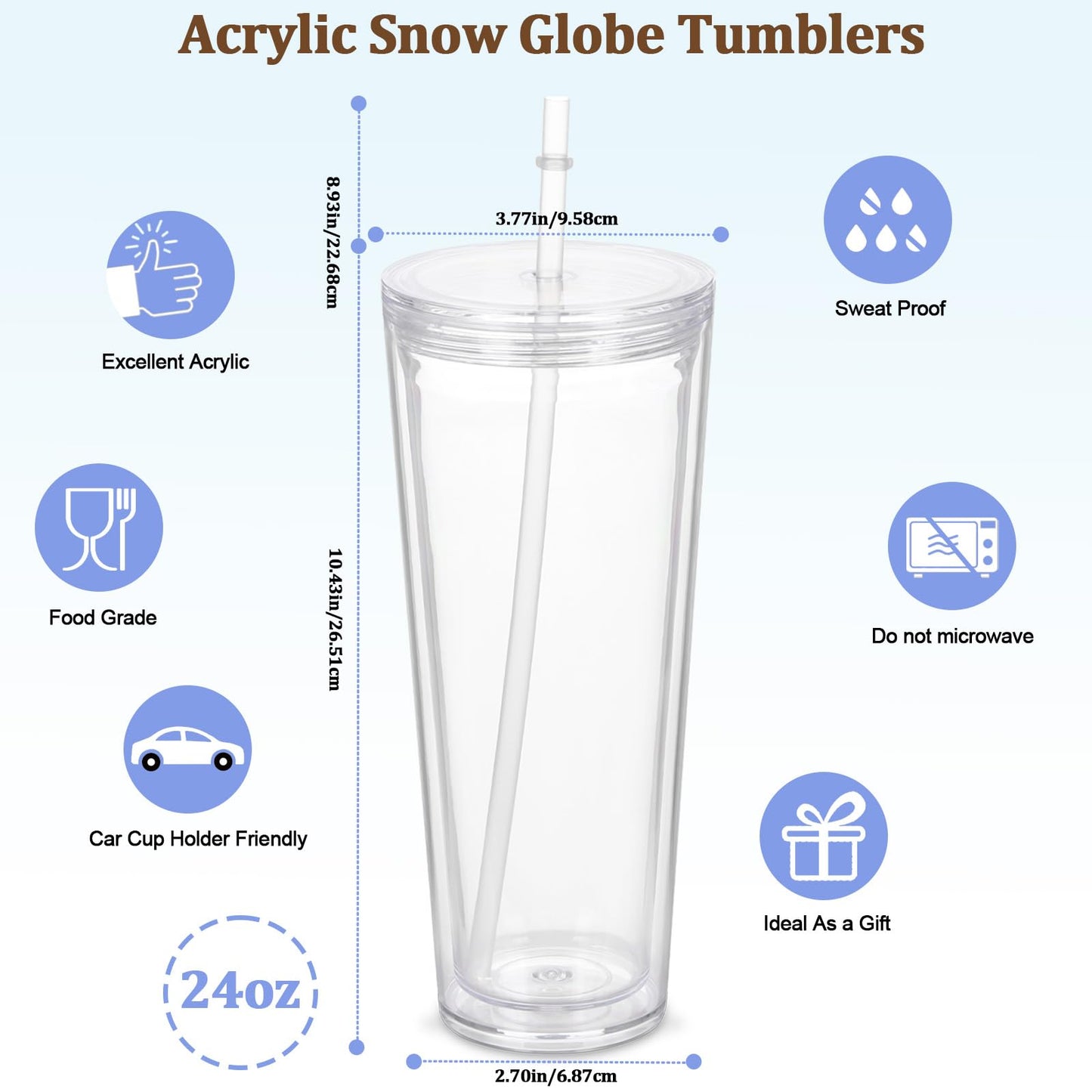 Micellwuu 8 Pack 24Oz Snow Globe Tumblers, Double Wall Acrylic Snowglobe Cup with Pre Drilled Hole, Lids, Straws and Plug, Reusable Clear Plastic Tumbler for Snow Globe Glitter DIY