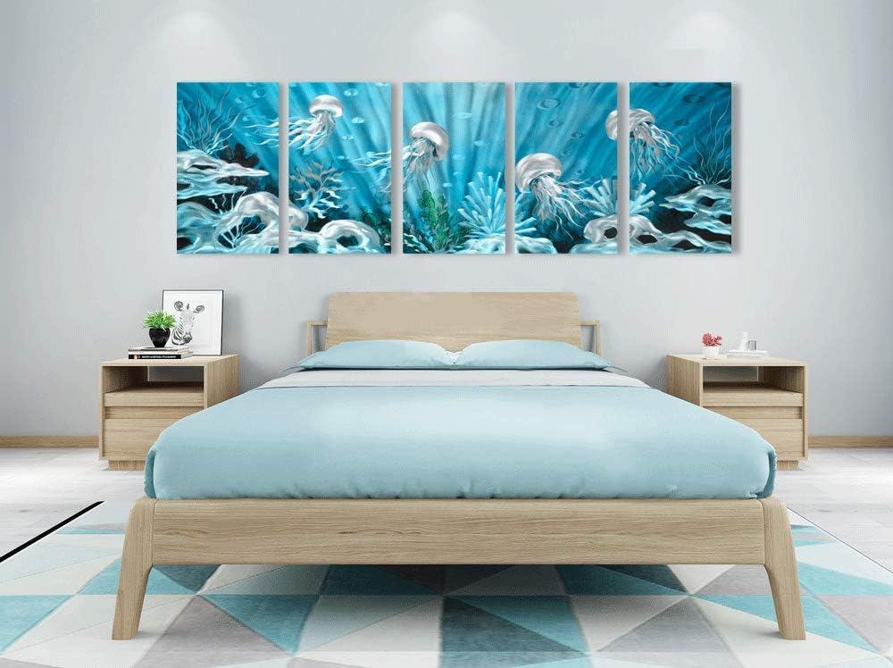 Yihui Arts Blue Deep Ocean Extra Large Jellyfish Metal Wall Art, in Modern Ocean Design, 3D Wall Art for Modern and Contemporary Decor, 5-Panels, Metal Wall Decor Works Indoors and Outdoors