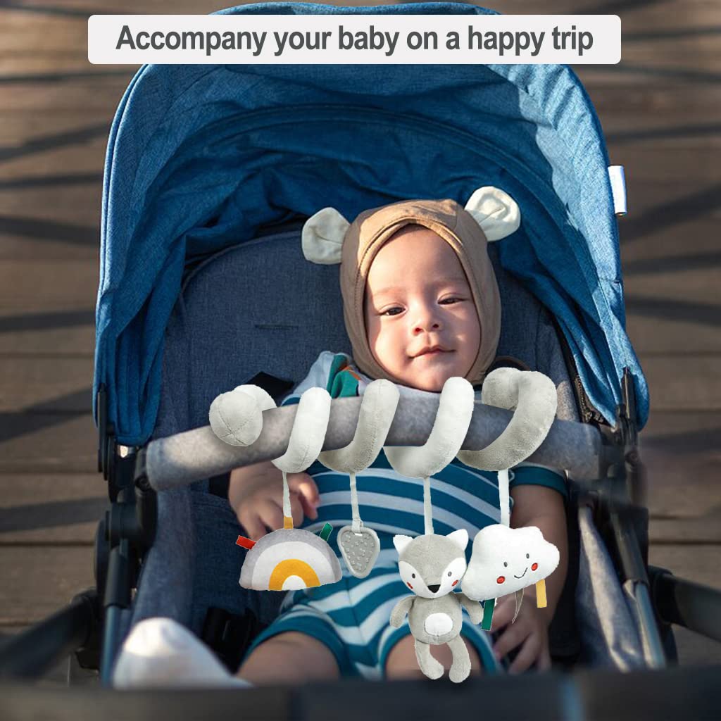Blublu Park Baby Car Seat Toys, Infant Activity Spiral Plush Hanging Stroller Toys with Squeaker and teether for Car Seat Stroller Crib Bassinet (Grey Fox)