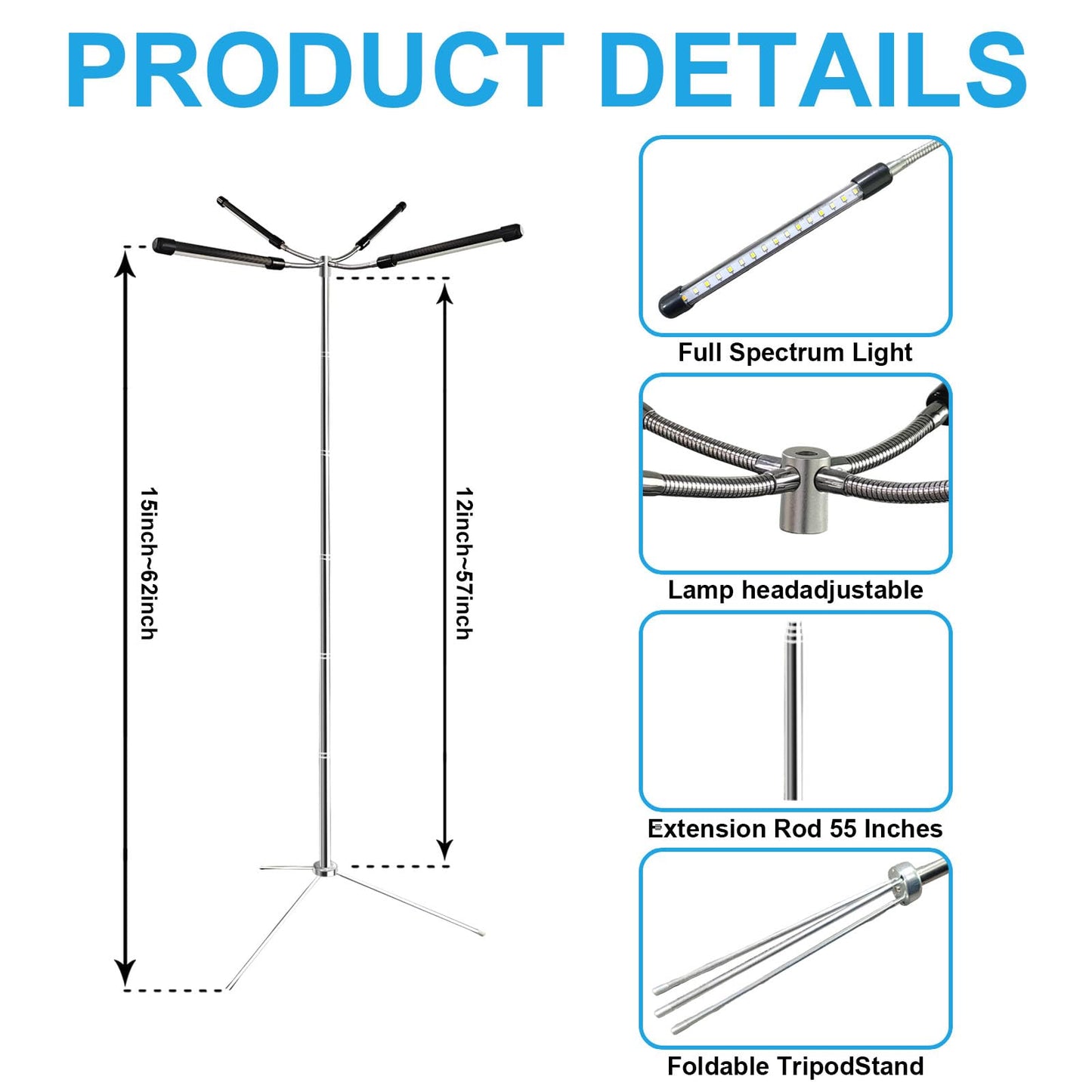 Grow Light for Indoor Plants, Full Spectrum Halo Growing lamp with Detachable Base, 15-62 Inches Height Adjustable Dsektop and Standing Plant Growing Lamps, 8/12/16H Timer, 10 Dimming, Automatic Timer
