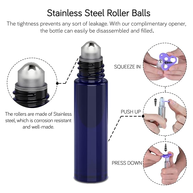 PrettyCare Roller Bottles For Oils 10 ml (Blue Glass, 60 Pack, 10 Extra Stainless Steel Balls, 72 Labels, 4 Opener, 4 Funnels Essential Oil Roller Bottles, Roller on Bottles