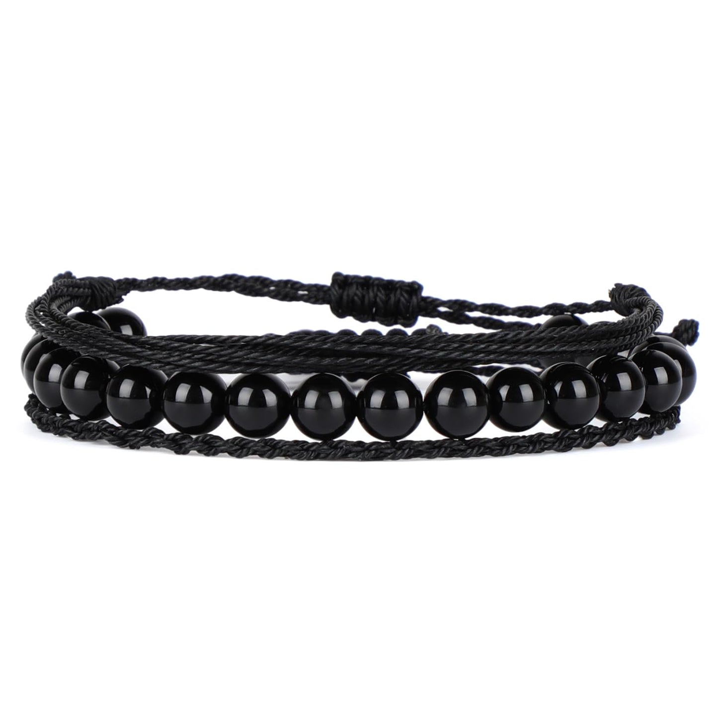 QOGIR Handmade Healing Bracelets,8mm Natural Black Onyx Gem Stone Beads Bracelet for Men Women Gifts with 2PCS Size Adjustable Rope Bracelets