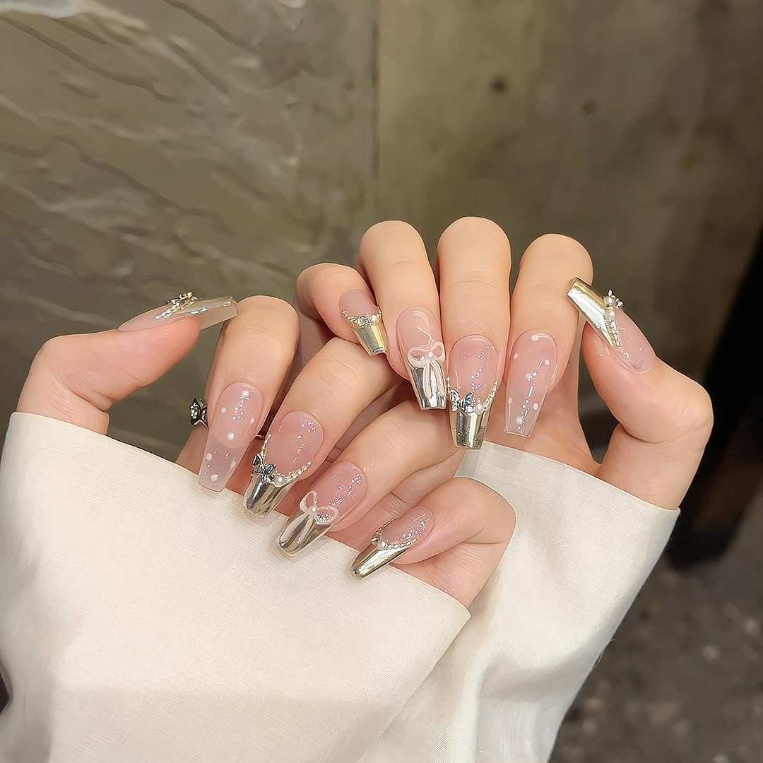 JIEADJIE Press On Nails (100% Handmade),Short-Medium T,Handmade Painted Nail Art by Nail Technician,Daily Version (French mirror butterfly, Small)