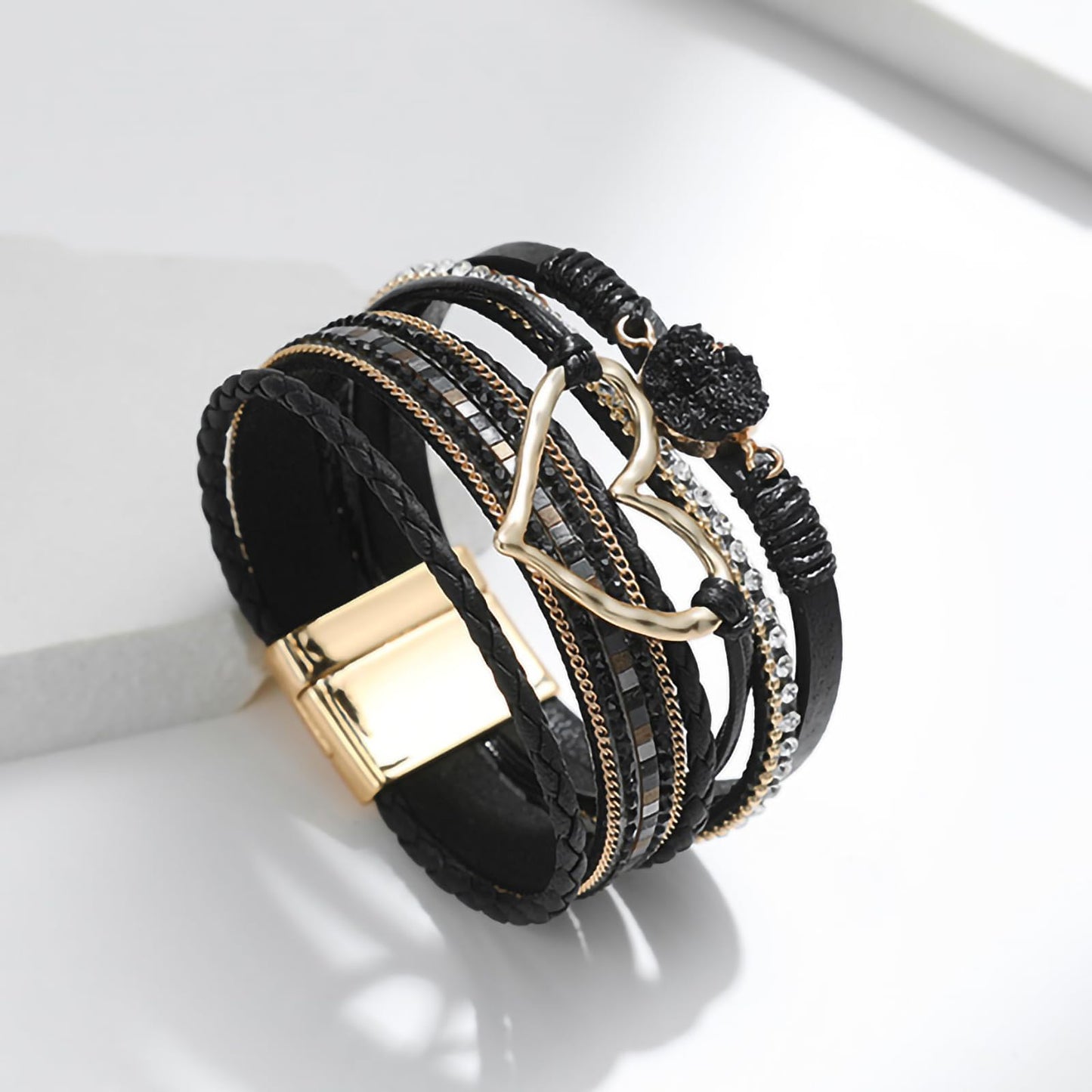 Leopard Bracelet for Women, Boho Leather Wrap Multi-Layer Pearl Crystal Bracelet Bangle Jewelry (Heart Leather(Black))