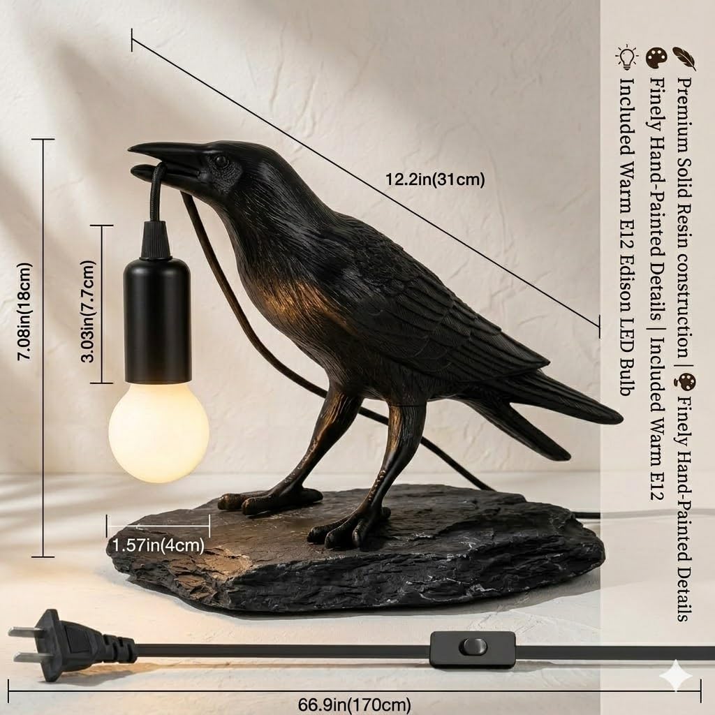 Shandaglo Raven Lamp Gothic Decor, Black Crow Table Lamp with LED Bulb, Unique Dark Aesthetic Night Light for Bedroom Desk, Halloween Home Decoration Gift