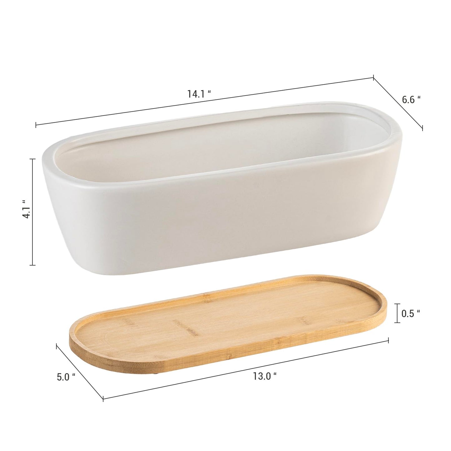 MyGift 14 Inch Oval Modern Matte White Ceramic Succulent Planter Pot with Drainage Hole and Removable Bamboo Saucer, Decorative Indoor House Plant Container for Flowers, Cactus, Herbs