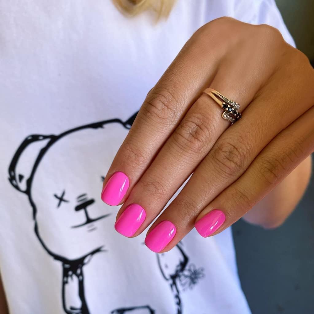Hot Pink Press on Nails Short Square, KQueenest Gel Fake Nails Short Coffin Pure Bright Color Natural Petite Nails Kit Solid Stick on Nails Press on for Women Daily Office Manicure