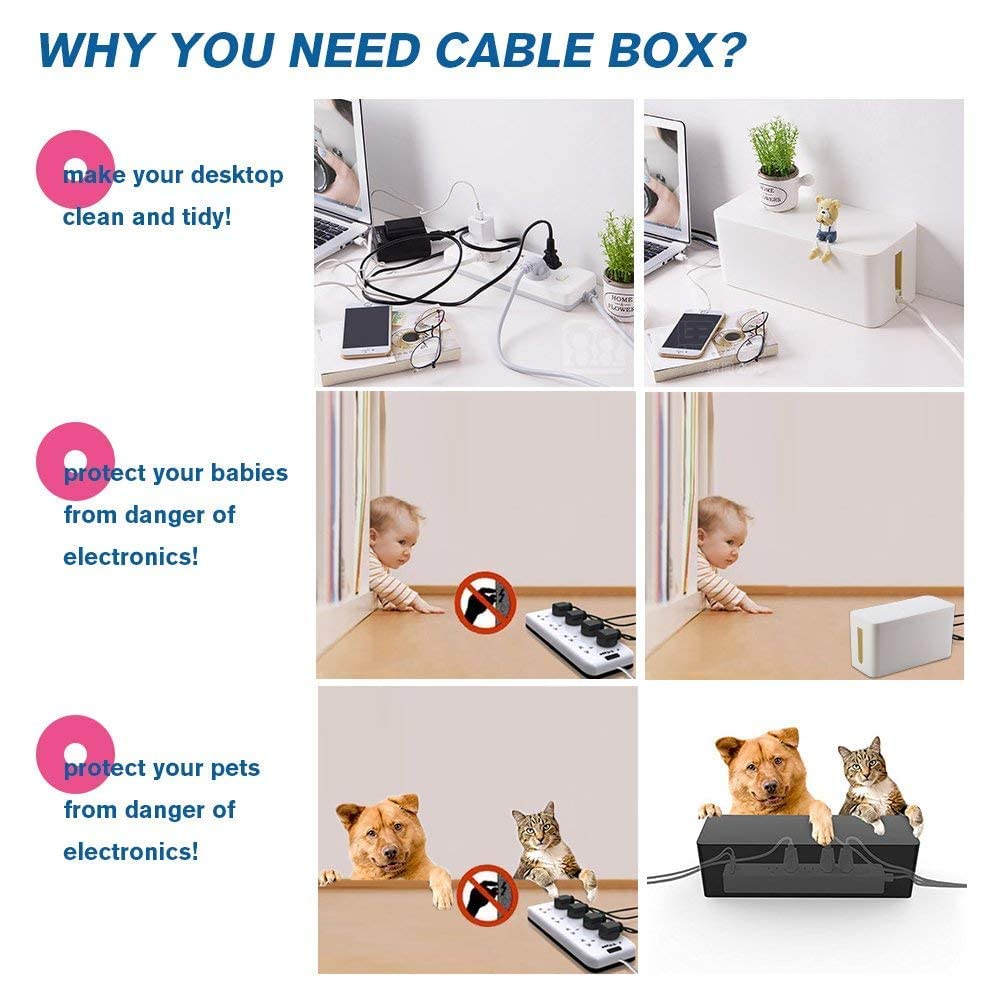 [Set of Three] Cable Management Boxes Organizer, Large Storage Wires Keeper Holder for Desk, TV, Computer, USB Hub, System to Cover and Hide & Power Strips & Cords (Ice White)