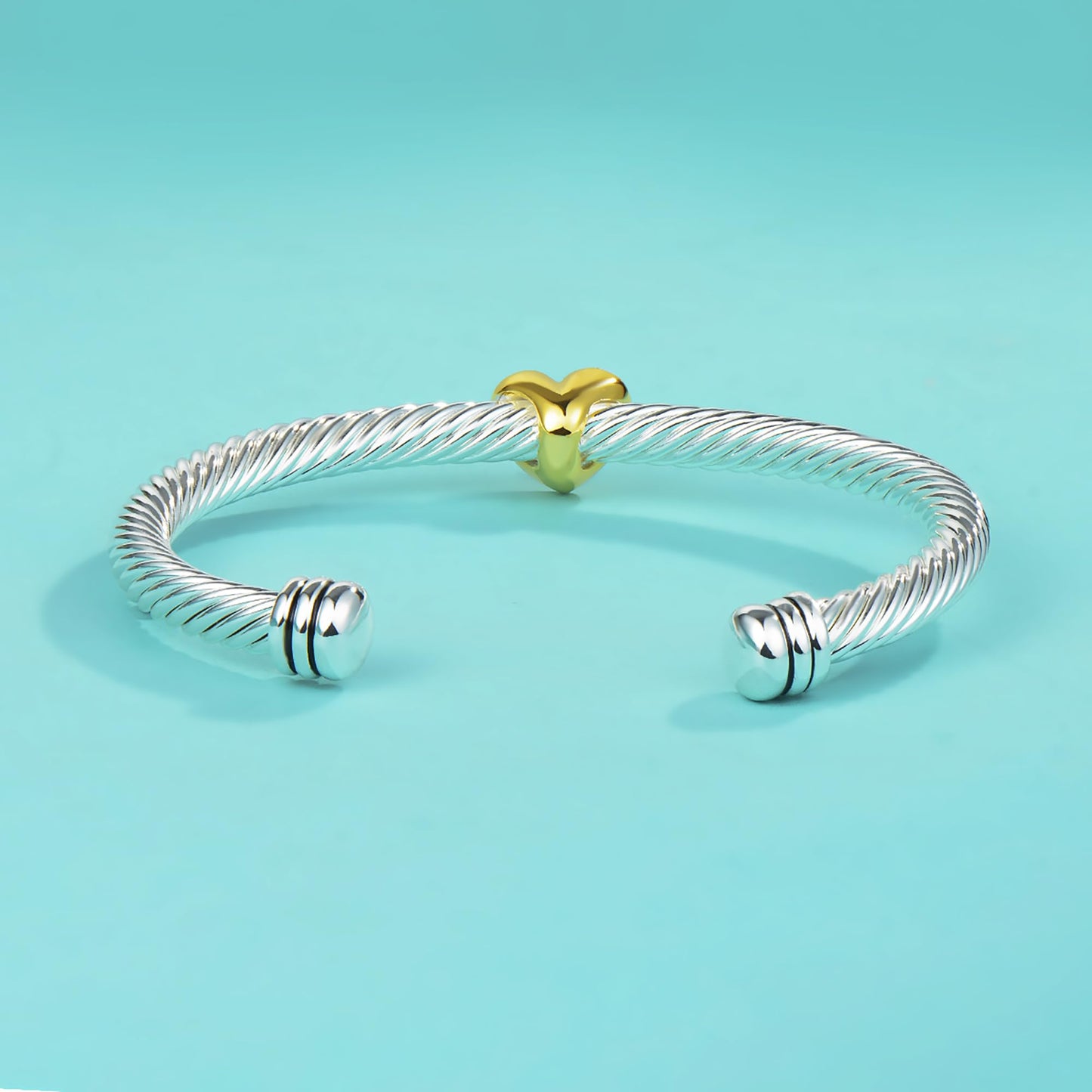 UNY JEWEL Jewelry Two Tone Single Heart Station Twisted Cable Wire Look Alike Cuff Bangle Bracelet Makes a Stylish