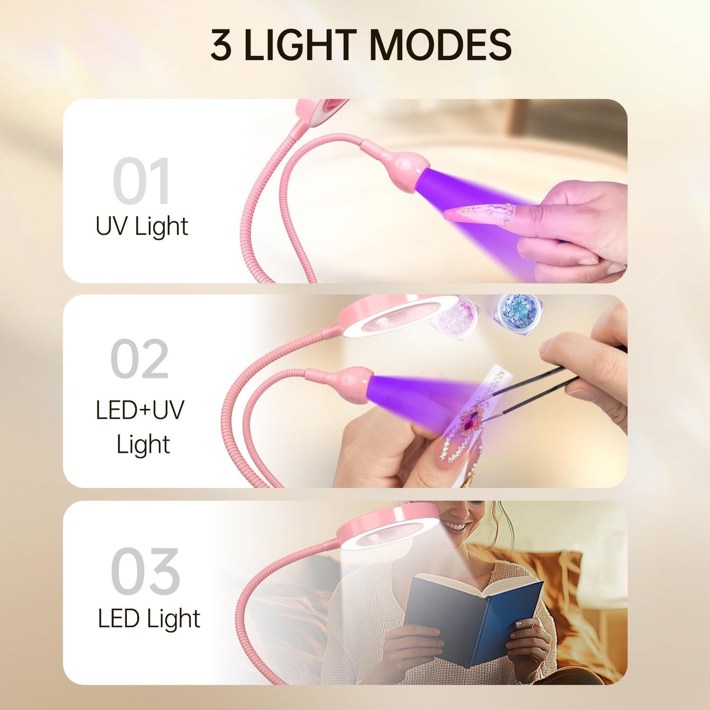 AORAEM LED UV Nail Lamp: Double-Headed Gooseneck Lamp for Gel Nails, LED Flash Cure Light with 6X Magnifier Home DIY Salon, Pink