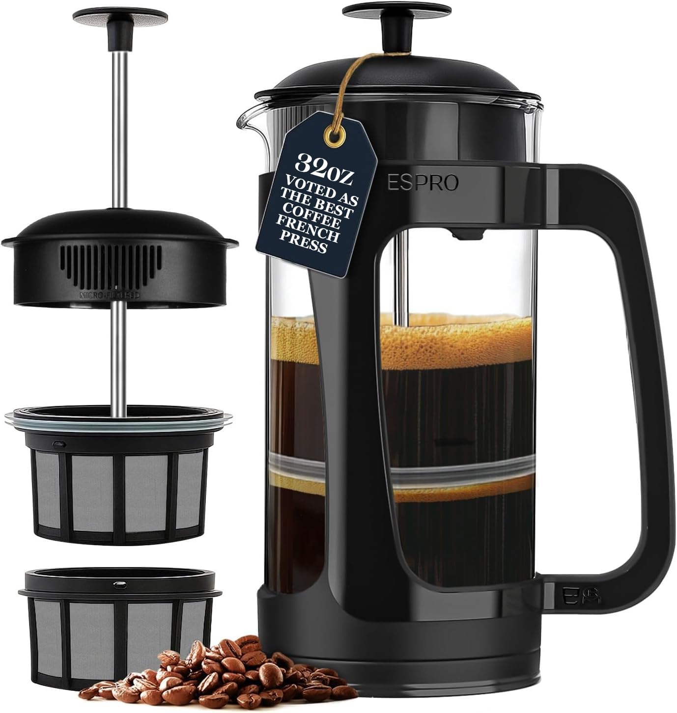 ESPRO Light P3 French Press Coffee Maker – Patented Double Micro-Filter for Grit-Free Brew, Heat Resistant thicker Borosilicate Glass Coffee press – (Black, 32 oz)