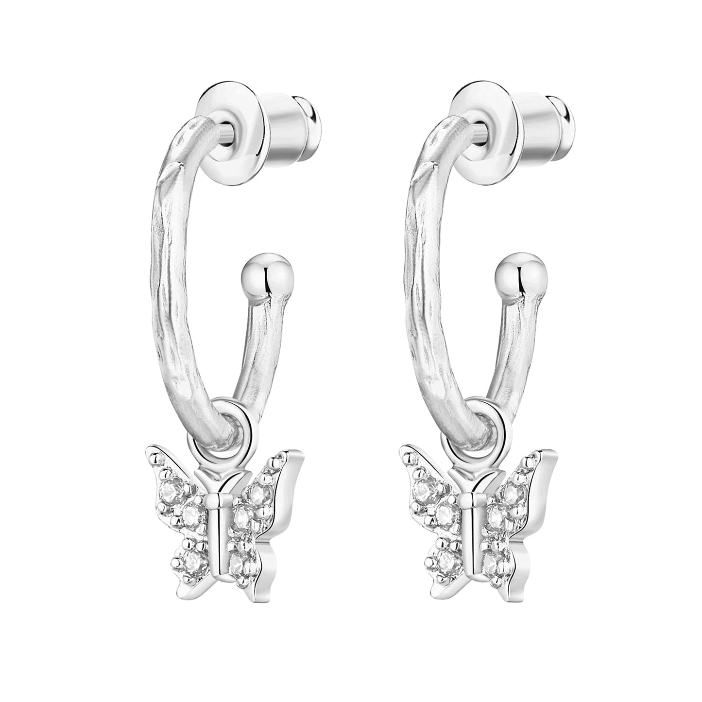PAVOI Rhodium Plated 925 Sterling Silver Post Cute Dangle Huggie Hoop Earrings For Women - Trendy Butterfly Open Hoop Earrings - Small Hinged Hammered Huggies