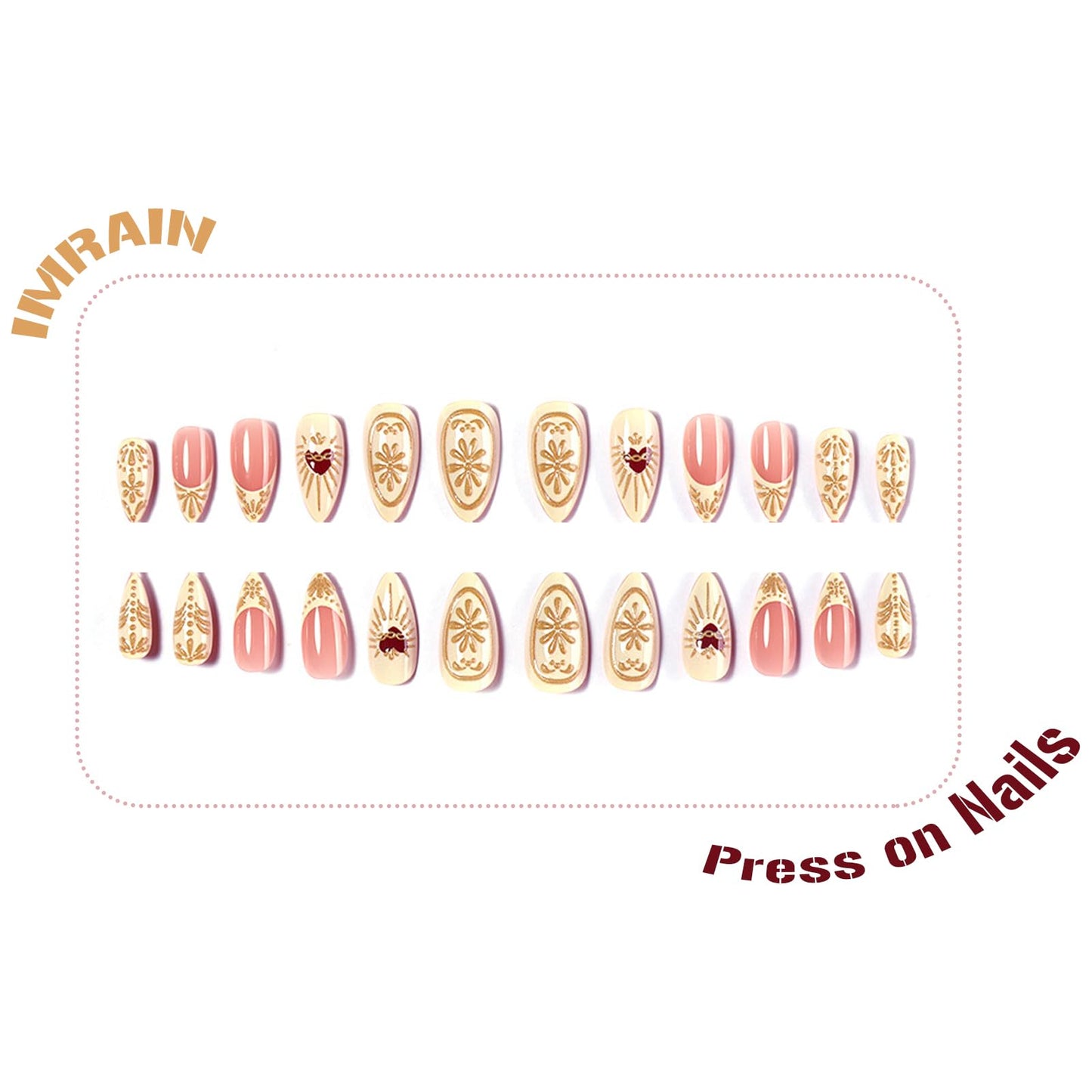 IMRAIN Press on Nails Medium Almond Fake Nails French Nail Tips 3D Golden Flower Designs Full Cover Artificial Stick on False Nails for Women