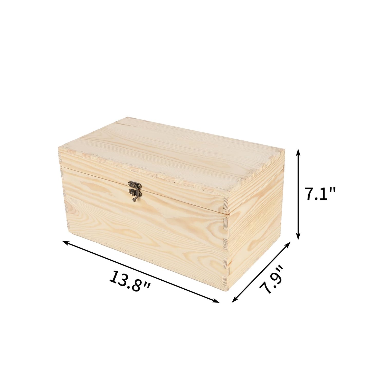 JJSQ Large Wooden Storage Box with Hinged Lid Rectangle Unfinished Unpainted Accessories Storage Wood Box for Crafts DIY Decoration Natural (13.8" x 7.9" x 7.1" IN)