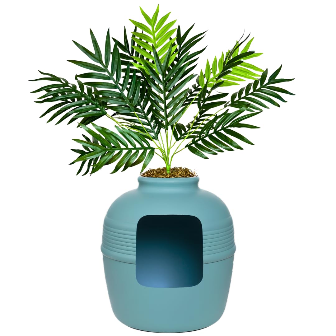 Good Pet Stuff Original Hidden Litter Box Planter, Decorative Cat Litter Enclosure with Carbon Filter, Artificial Palm Plant, Upgraded Design, Easy to Clean, Base Kit, White Birch
