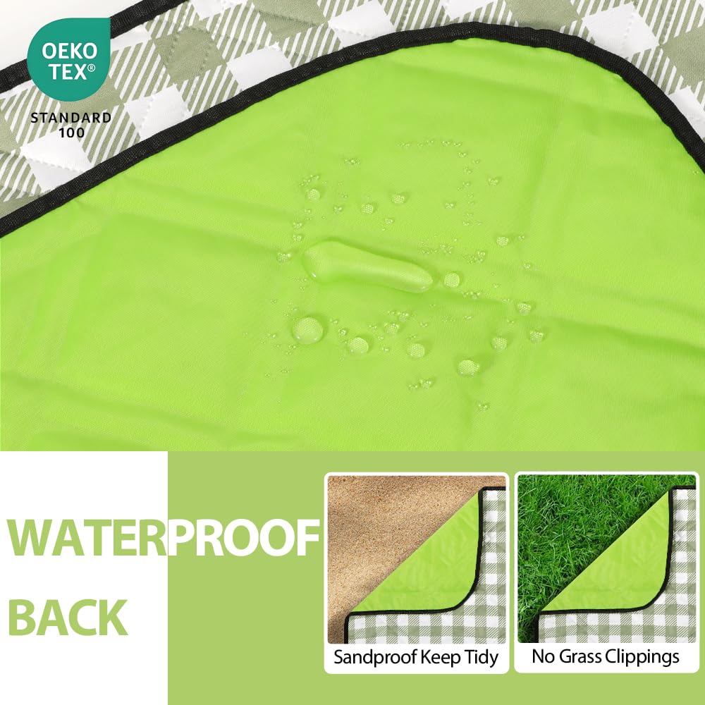 ZAZE Extra Large Picnic Outdoor Blanket, 80''x80'' Waterproof Foldable Blankets Gingham Picnic Mat for Beach, Camping Grass Lawn Park Accessories Cute Couple Gifts Ideas Wedding Registry(Green White)
