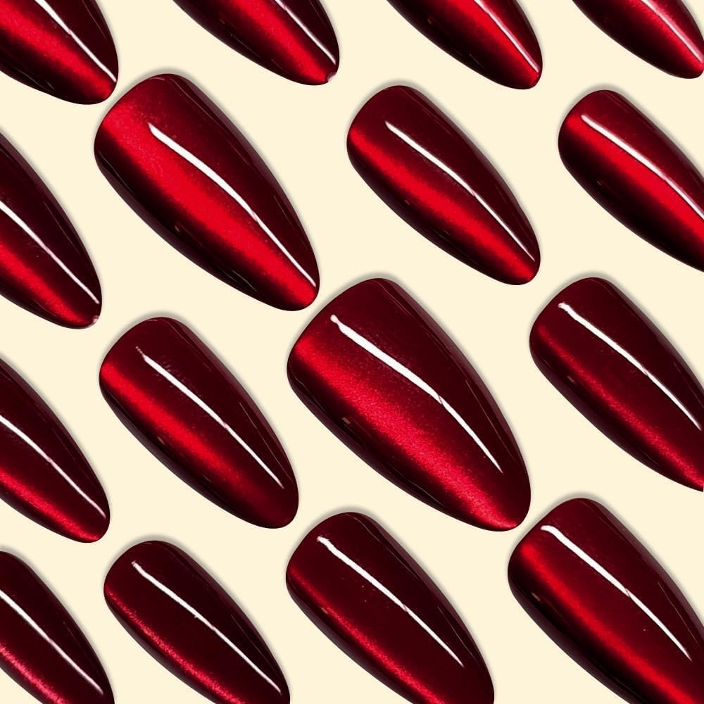 KQueenest Dark Red Press on Nails Cat Eye, Burgundy Glitter Press on Nails Almond Medium, Sparkly Shiny Fake Nails with Design, Cute Bling Glue on Nails Medium for Women Party Birthday, 30 Pcs