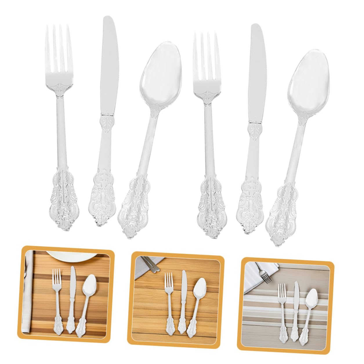 VERDANVERSE Disposable Cutlery Set 24 Pieces with Gold Trimmed Forks Spoons Knives, Plastic Picnic Utensil Kit for Parties Camping and Daily Household Use