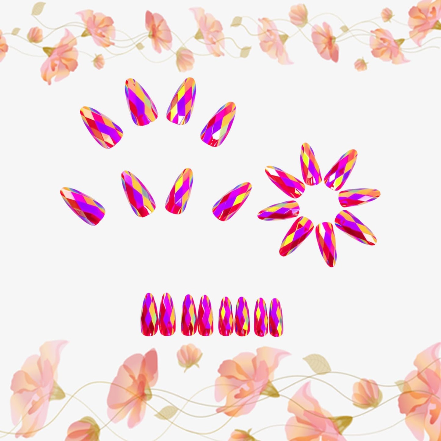 CJDLTS Pink Press on Nails Medium Length Artificial Acrylic Gradient Rainbow 3D Diamond-Shaped Electroplating Fingernails Almond Full Cover Glossy Stick on Nail False Nails for Women Manicure 24Pcs