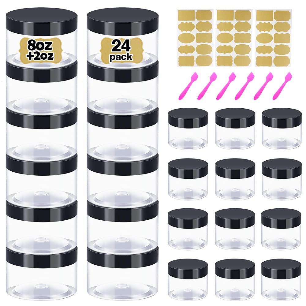 8 oz Plastic Containers with Lids + 2oz Small Containers with Lid (Set of 24) Plastic Jars with Lids Cosmetic Jar - for Lip Scrub, Body Butters, Cream, Slime, Craft Storage