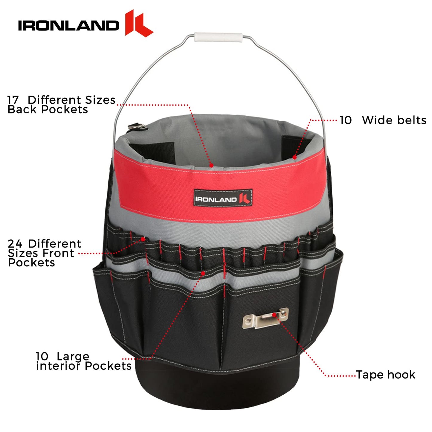 IRONLAND Bucket Tool Organizer Fit 3.5-5 Gallon Bucket, 51 Pockets, Bucket Tool Caddy Organization for Garden, Construction, Carpenter, Electrician, Welding, Builder Red & Black