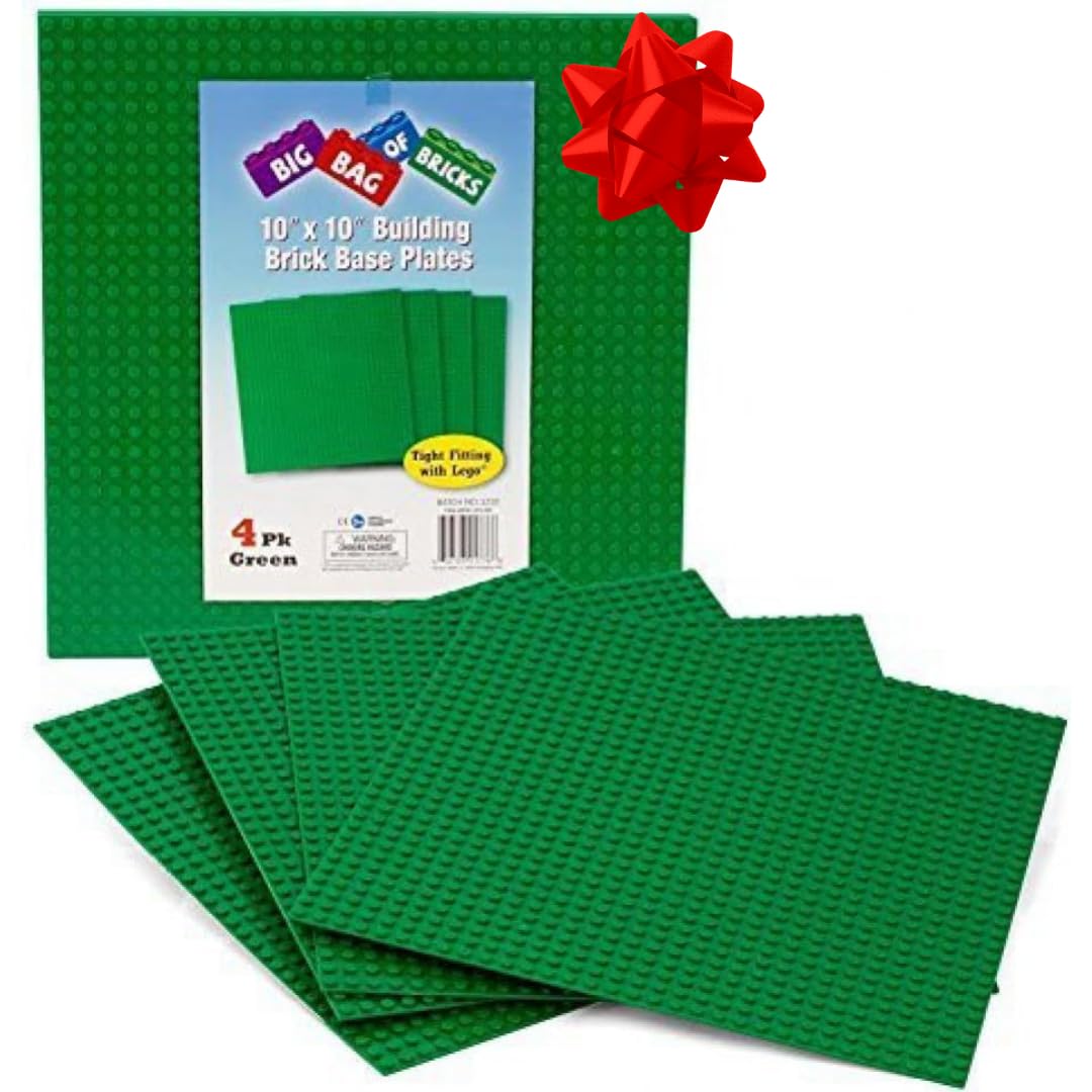 Classic Baseplates for Building Bricks - Set of 4 Large Green 10"x10" Building Plates- Dual Connectivity, Build on Both Sides - Compatible, Tight Fit w Major Brands- STEM Creative Toy & Kids Bday Gift