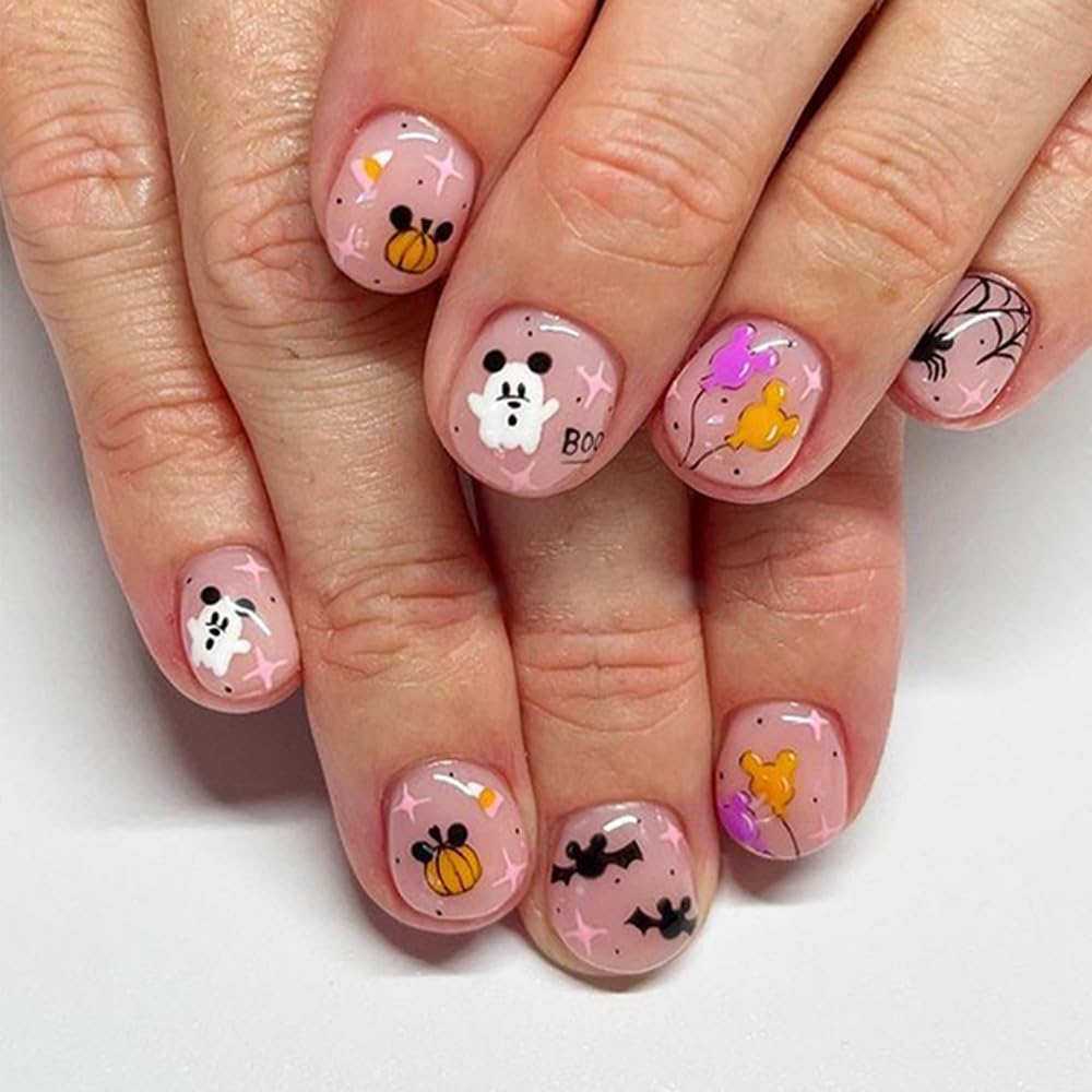 Halloween Press on Nails Short Round Fake Nails Cute Pink Acrylic Nails with Designs Ghost Spider Web False Nails Press ons Oval Glossy Glue on Nail for Women Girls 24Pcs