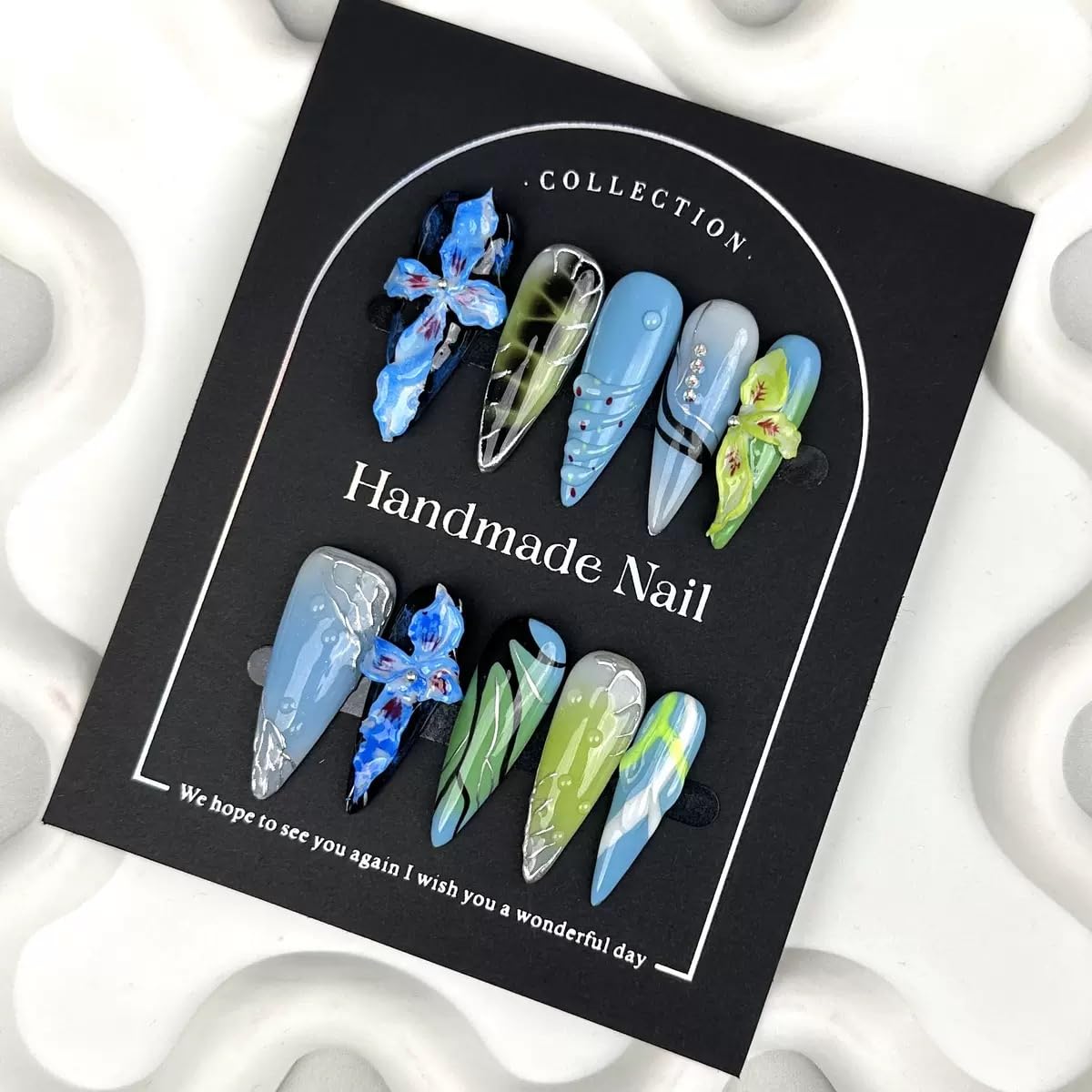 Waterdrop Press On Nails Handmade Long Stiletto Fake Nails with Blue Flower Design Ombre Green Silver False Nails Press ons Reusable Full Cover Summer Handmade Nails for Women Size M