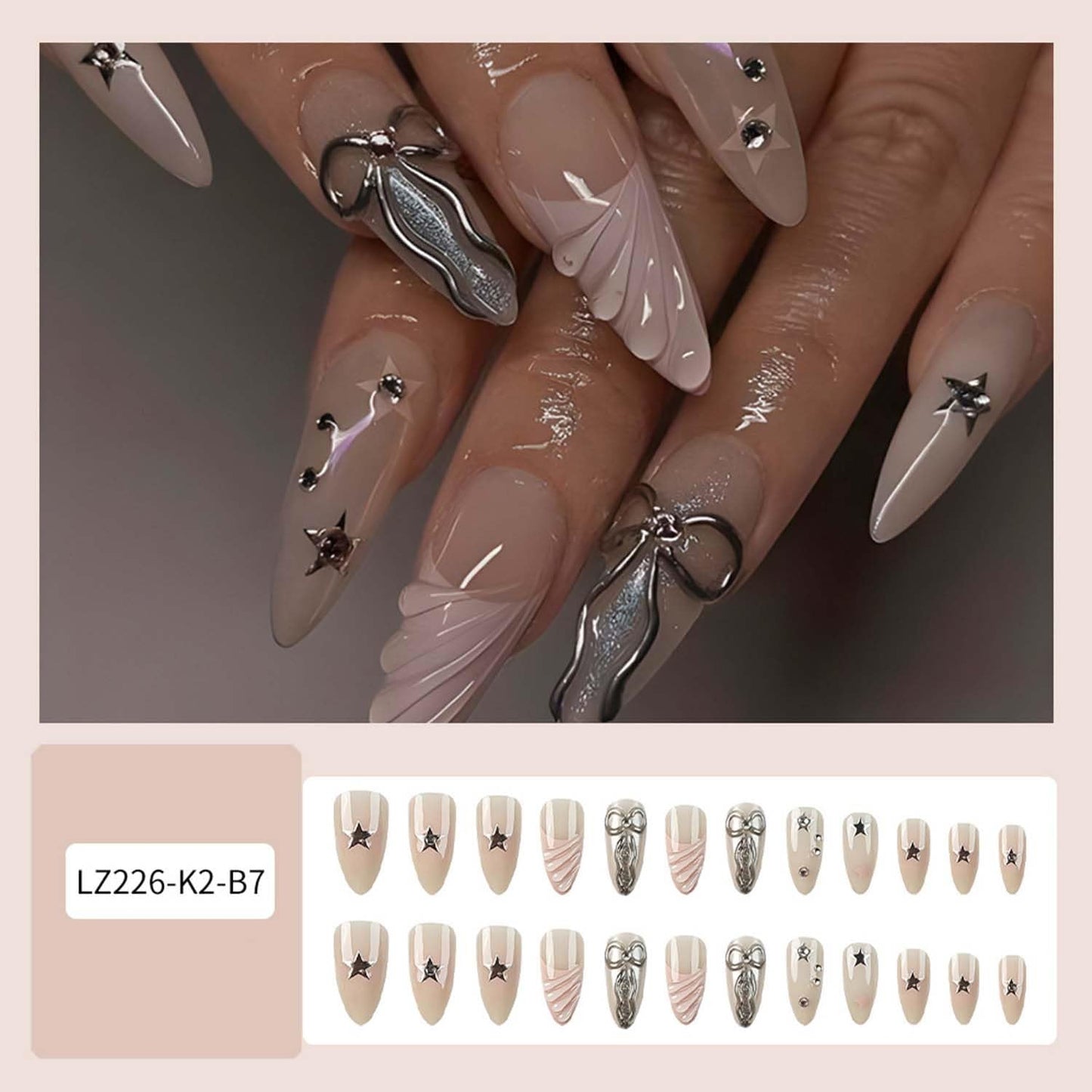 Almond Press On Nails Medium Fake Nails Bow With Star Rhinestone Design French Tip False Nails Full Cover Acrylic Nails Artificial Reusable Glue On Nail Stick On Nail For Women Manicure Art 24pcs