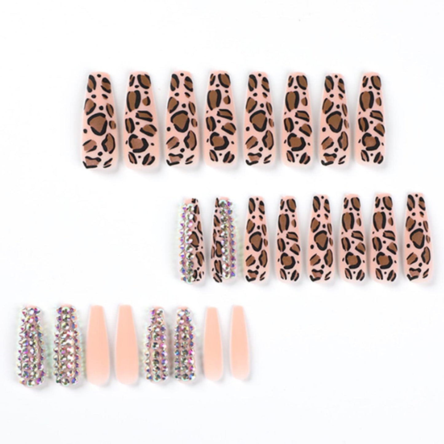 YoYoee Diamond Inlaid Manicure Press on Nails Leopard print Fake Nails Long Coffin False Nails Acrylics Full Cover Tips for Women and Girls 24PCS