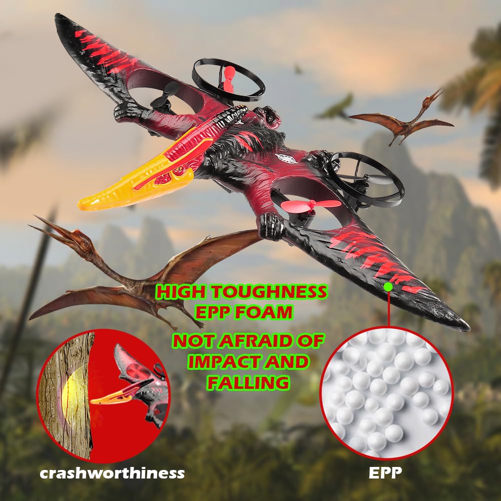 Dinosaur Remote Control Drone, 2.4G EPP Foam RC Pterodactyl Hobby RC Airplanes with 6-Axis Gyro, One Key Takeoff Landing, Stunt Roll & 360 Flip, Fighter Jet Toy Christmas Birthday Gift for Boys Girls