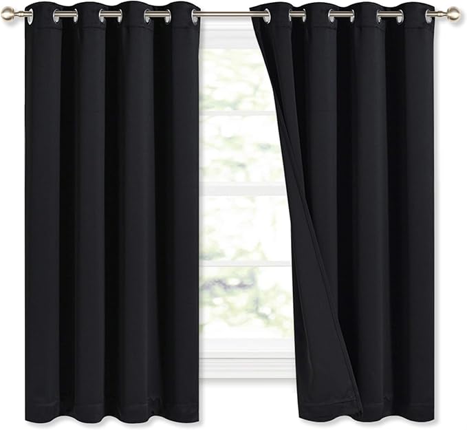 NICETOWN Complete 100% Blackout Curtains, Thermal Insulated Energy Efficiency Window Draperies with Black Liner, Noise Reducing Short Curtains for Kids Room (Black, 52-inch W by 63-inch L, 2 Panels)