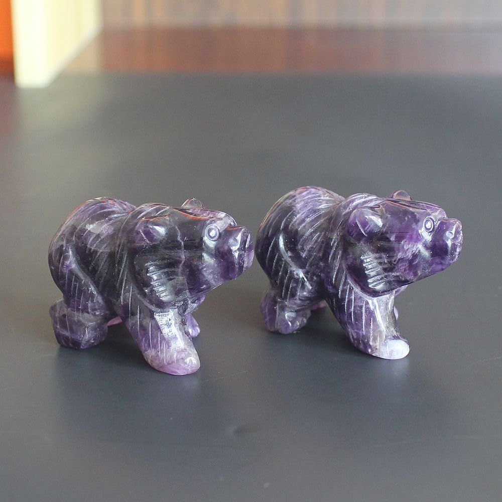 HLbshi Hand Carved Gemstone Crystal Bear Figurine Animal Statue Carving Office Home Decor Collections 2'' (Purple Amethyst)
