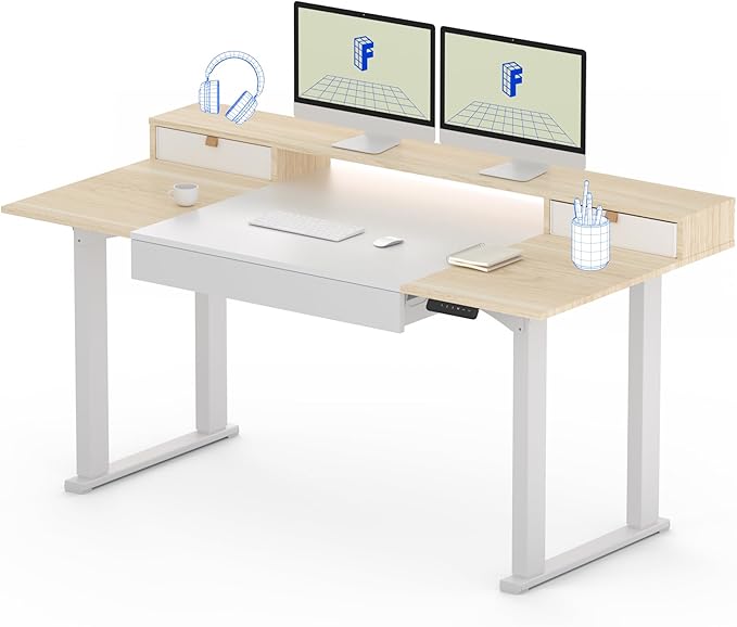 FLEXISPOT 4-Leg Standing Desk with Storage 63x32 in Electric Adjustable Height with 3 Drawers & Shelving Home Office Workstation (White + Maple Top)