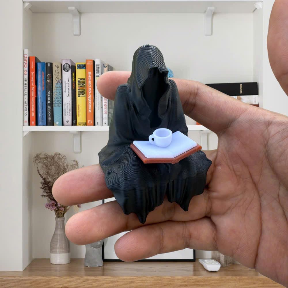 Grim Reaper Mini Figurine – Funny Halloween Decor for Coffee Fans – Gothic Desk Statue – 3D Printed Dark Humor Collectible for Office or Shelf