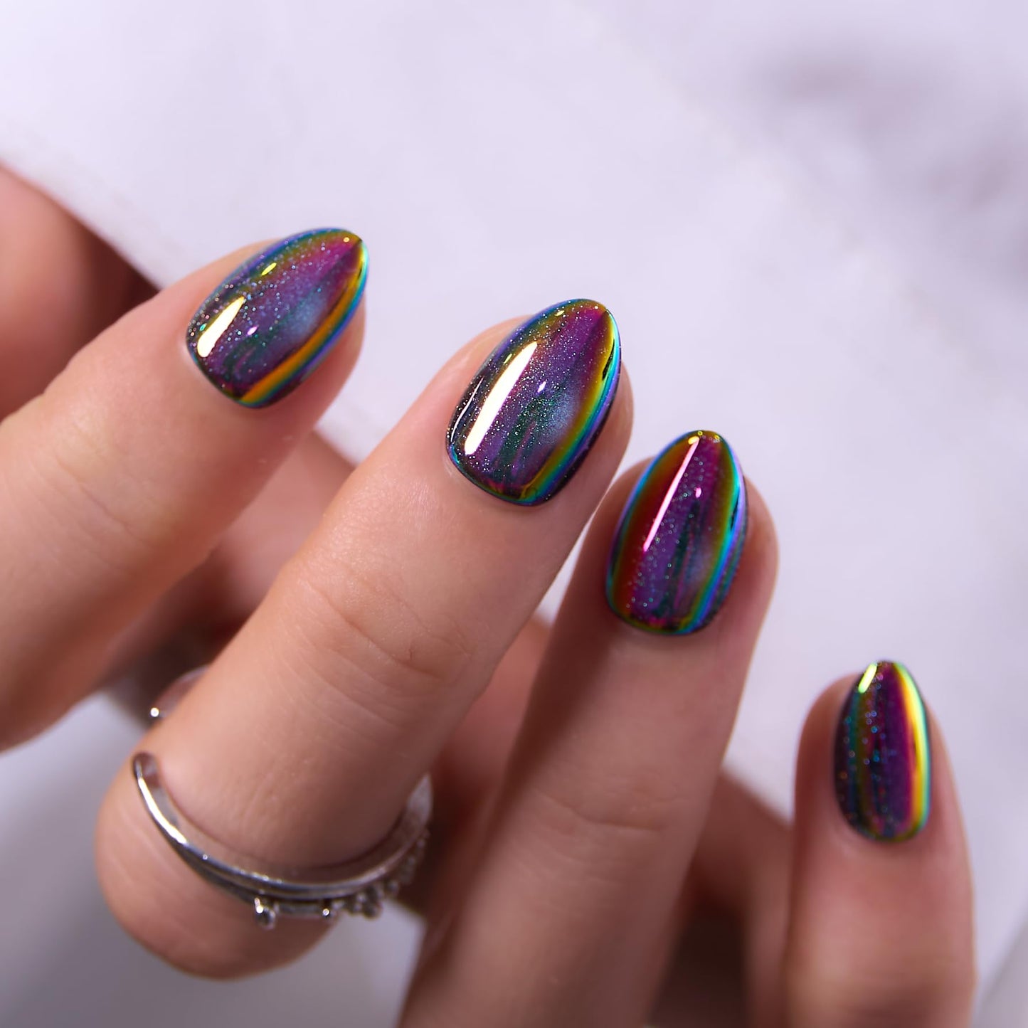 CurvLife Soft Gel Almond Extra Short Press-On Nails, Reusable Oval Fake Nails with Glue & Adhesive Tabs, 32PCS Salon-Quality Stick-On Nails for At-Home Manicure (Neon Eclipse)