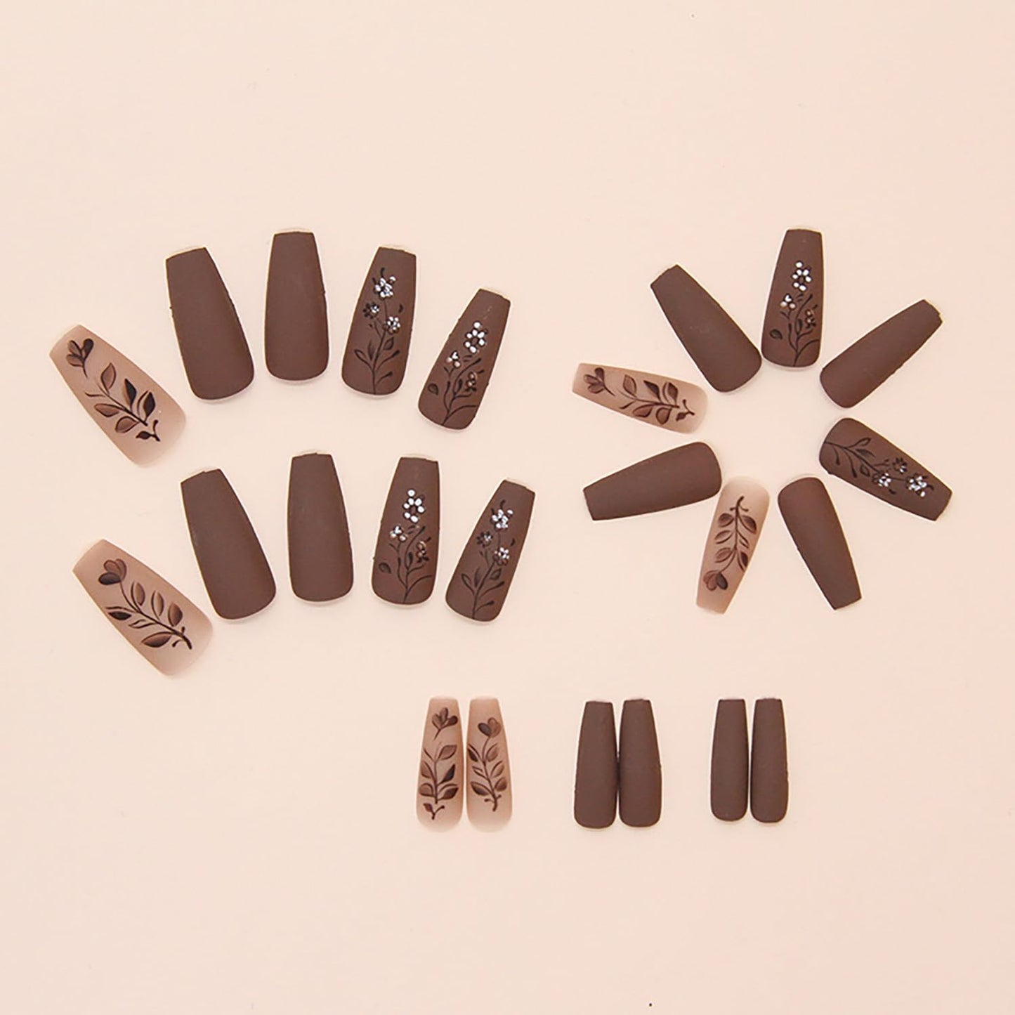Brown Press on Nails Medium Matte Fake Nails Brown Flower Pattern Design Artificial Nails Solid Color Press Nails Full Cover Ballet Shaped Nails Acrylic Stick on Nails 24Pcs Glue on Nails for Women