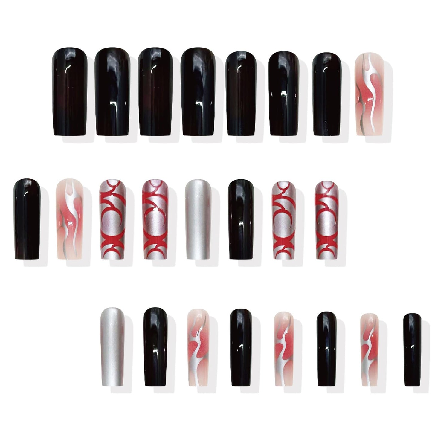 IMRAIN Press on Nails Long Square Fake Nails with Silver Metal Flame, Red Ombre Designs Handmade Full Cover False Nails for Women Manicure Decoration 24Pcs