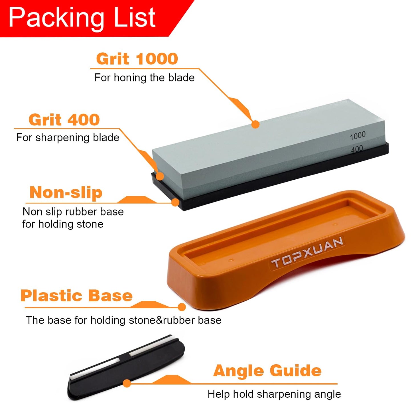 Topxuan Knife Sharpening Stone Sided 400/1000 Grit sharpener Waterstone,Professional Kitchen Whetstone with Orange Plastic Base, Non-slip Rubber and Angle Guide